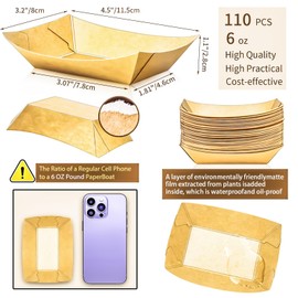 MotBach 110 Pack 0.35Lb Paper Food Boat Trays Disposable Small Paper Boat Containers, 6oz Mini Kraft Food Serving Tray Boats for Snack Fries Popcorn Dessert Sauce Taco Nacho
