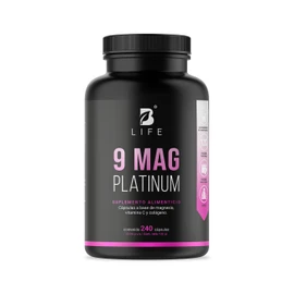 Mezcla de Magnesios Premium con 240 Cápsulas 1100 mg por poción. Adicionado con Colágeno Hidrolizado y Vitamina C. 9 Mag Platinum 