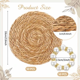 Gandeer 50 Pcs 13 Inch Round Woven Placemats with 50 Pcs Pearl Napkin Rings Cattail Placemats Bulk Boho Farmhouse Rustic Woven Chargers Natural Bulrush Place Mat for Wedding Party, Dinner Table