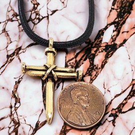 Forgiven Jewelry 3 Nail Cross Gold Metal Finish Black Cord (Lc87g)  Necklace