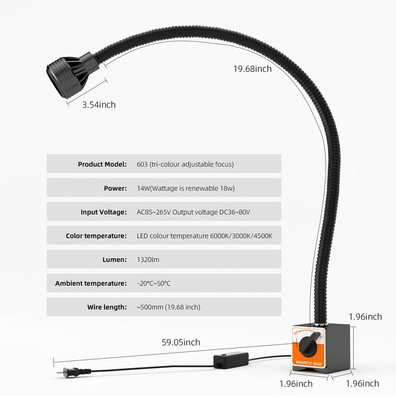 Magnetic Work Light,Three-ColorTemperature,1320 Lumen 120v FlexibleGooseneck Work Light with Adjustable