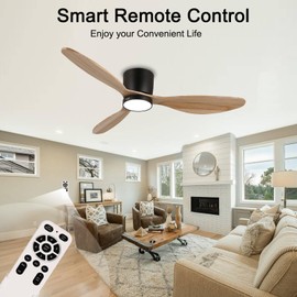 reiga 52" Natural Wood Ceiling Fan with Light and Remote, 3 Blade Flush Mount Low Profile Ceiling Fan for Bedrooom Living Room, Quiet DC Motor