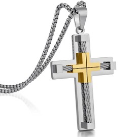 Dowos Men Cross Necklace 316L Stainless Steel Large Jesus Christ Pendant White/Gold/Black Jewelry Rolo Chain 24 Inches