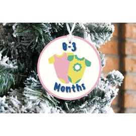0-3 Month Baby Clothes Label v3, Joyride Home Decor, Ornament, 4 Inch Wooden, Round Ornament with White Ribbon, Christmas Decor, Gift Tag, Artist Designed.