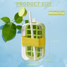 WRQIOO Ice Cube Bottle with Straw, 2 in 1 Ice Cube Tray Water Bottle, 800ml Portable Ice Cube Making Bottle with Lid, One-Touch Ice Release & No Touching, for Coffee Juice Beverage Outdoor Picnics