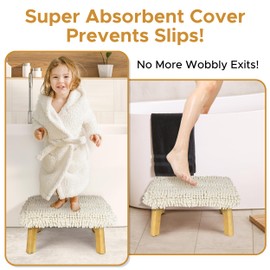Sunlit One Step Stool with Absorbent Chenille, Bathtub Stool Holds up to 550 lbs, Non-Slip Natural Wood Color Foot Stool, Wooden Step Stool for Adults, Bed Step Stools for Kids, Bathroom, Cream White