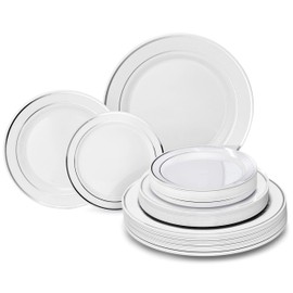 " OCCASIONS " 360pcs Pack 120 Guest Wedding Party Disposable Plastic Plate Set-120x9'' Luncheon + 120x7.5" Appetizer/Salad + 120x6.25'' Dessert plates - (White w/Silver Rim)