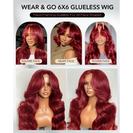 Layered Curtain Bangs 99J Burgundy Face-Framing 6x6 Glueless Wigs Human Hair Pre Plucked Pre Cut HD Lace 250 Density Glueless Loose Body Wave Lace Front Wigs Human Hair for Black Women 20 Inch