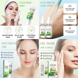 Aloe Vera Skincare Set Women Gifts - Skin Care Set for Women Hydrating Soothing - Skin Care for Teens 10-12 - Facial Kit with Cleanser, Face Serum, Face Gel, Eye Cream, Gel Mask, Headband, Wristbands