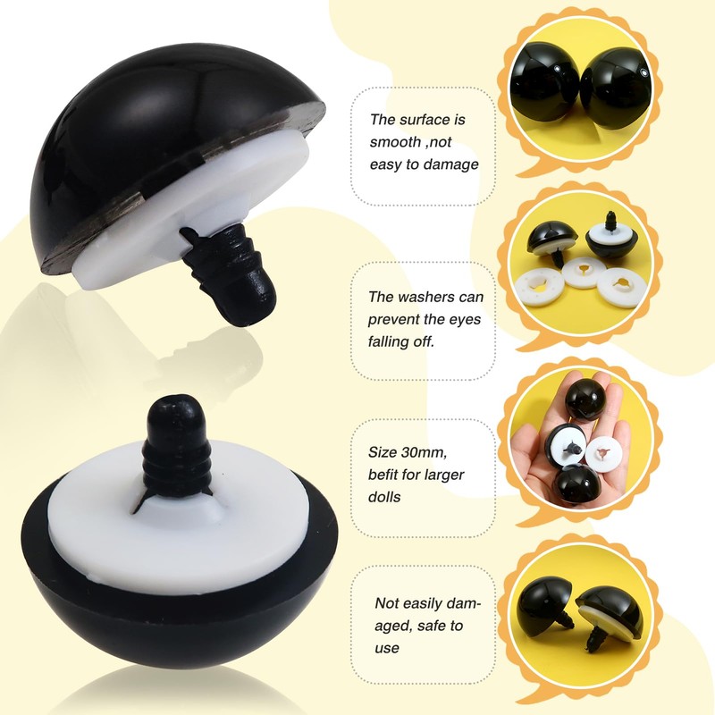 TOAOB 24pcs 30mm Large Black Plastic Safety Eyes for Amigurumis