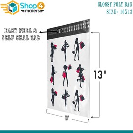 Shop4Mailers 10 x 13 Glossy Shopping Ladies Decorative Plastic Poly Mailer Bags Waterproof Shipping Mailing Envelope 2 Mil – Permanent Adhesive Seal (100 Pack, Shopping Ladies)