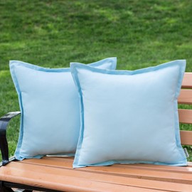 LIGICKY Light Blue Outdoor Waterproof Pillow Covers 18x18 Inch Pack of 2 Decorative Square Solid Color Pillows with Wide Edge Cushion Cover for Patio Tent Garden Couch Balcony