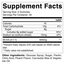 Vitamatic BCAA Gummies - Branch Chain Amino Acid Supplements - Peach Flavor - 600mg per Serving - 60 Vegan Pectin Based Gummies (1 Bottle)