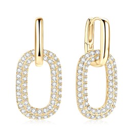AINUOSHI Pave Moissanite Oval Huggie Convertible Link Earrings Dangle Drop Paperclip Link Chain Earrings for Women Hypoallergenic 14K Gold Plated 925 Sterling Silver GRA Certified Authenticity (Yellow)