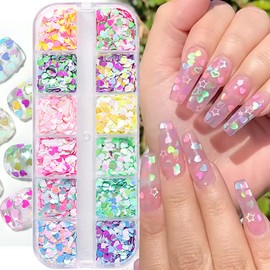 12 Grids Heart Nail Art Glitter Sequins 3D Holographic Nail Glitter Flakes Heart Shape Nail Art Stickers Heart Nail Sequins Colorful Laser Nail Design Charms for Women Girls DIY Valentine's Nail Decor