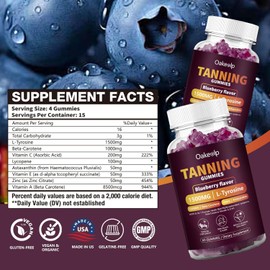 Oakevlp Extra Powerful Tanning Gummies,1500mg of L-Tyrosine,Daily Tanning Supplement Adults Woman & Men,with 1000mg of Beta-Carotene,50mg of Astaxanthin,8500mcg of Vitamin A for Skin Health