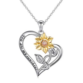 You Are My Sunshine In My Heart S925 Sterling Silver Sunflower with CZ Pendant Necklace for Women 18" (Heart Sunflower Nec)