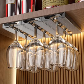 Vaisoeny Under Cabinet Wine Glass Hanger，4 Pack Wine Glass Holder Under Cabinet， Translucent Wine Glass Holder, Stemware Holder Glass Storage Hanger Organizer for Kitchen and Bar (Grey)