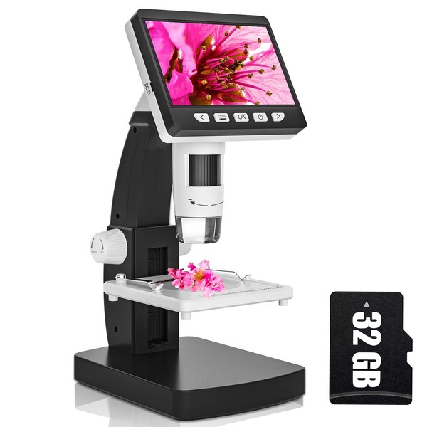 CIMELR LCD Digital Microscope, 4.3 inch Coin Microscope 50X-1000X USB Soldering Microscope for Adults/Kids - Plastic Stand, 8 LED Lights, Compatible with Windows/Mac OS, 32GB TF Card Included…
