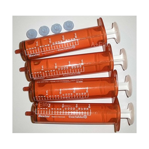 BAXA ExactaMed Oral Liquid Medication Syringe 20cc/20mL 4/PK Amber Medicine Dose Dispenser With Cap Exacta-Med BAXTER Comar Latex Free