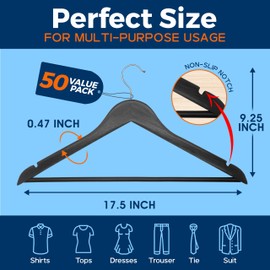 Campior Wooden Clothes Hangers - 50 Pack, Durable, Non-Slip, Space-Saving Hangers for Dresses, Coats, and More, Holds Up to 10 lbs with 360° Swivel Hook, Black Finish