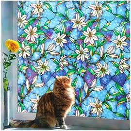 Coavas Decorative Window Privacy Film, Heat Control Sun Blocking Stained Glass Window Film, Floral Design Static Cling, Non Adhesive Windows Tint for Bathroom Front Door(Vinyl, 29.5" x 118.1 ")
