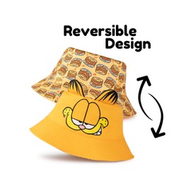 Garfield Unisex Orange Reversible Bucket Hat | Classic Cartoon Clothing with 3D Ears | Lasagna Pattern Print on Back | Casual Sun Protection Headwear | Ideal Fans, orange, Unit size