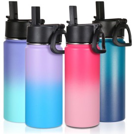 Volhoply - Botella de agua para niños de 16 onzas, paquete de 4 botellas deportivas aisladas con tapa de popote, botella de acero inoxidable con mango