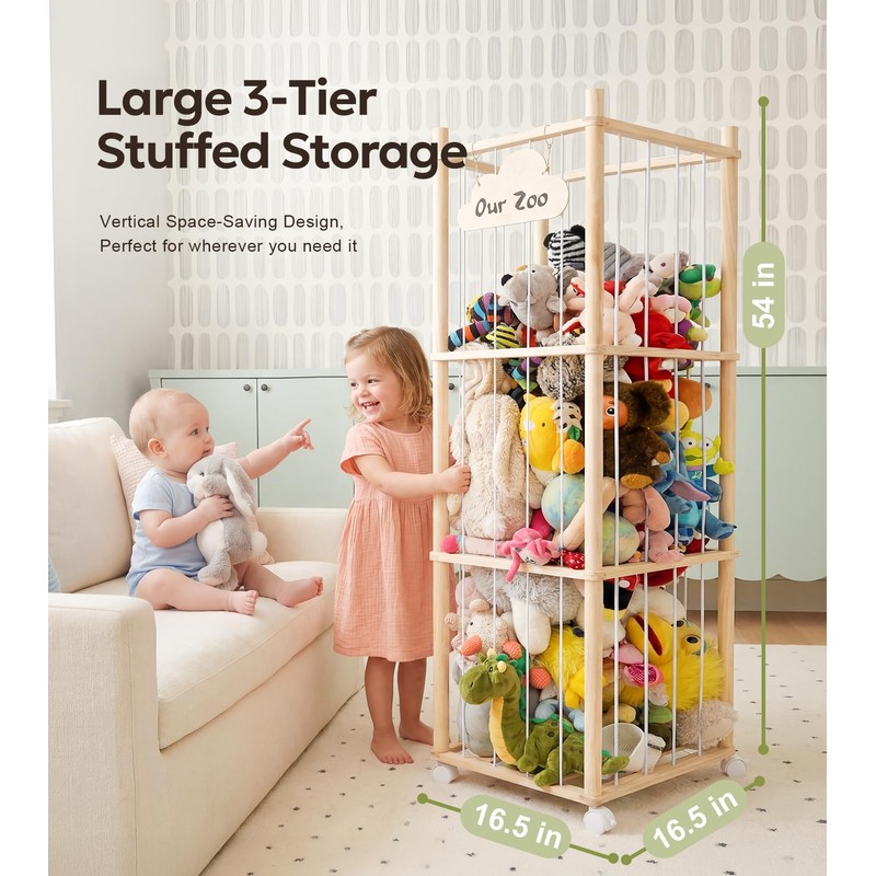 Mallify Wooden Stuffed Animal Storage, 3-Tier Natural Solid Wood Plush