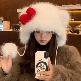 New Hallyu Style Cute Kitty Cat Ribbon Fur Hat - Warm Animal Fashion (One Size) White 3ea