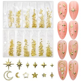 Pack of 400 Star Nail Charms Gold Stars Moon Nail Charms Metal Rivets Rhinestones Nails Charms Star Nail Charm Alloy Nail Studs Nail Design Nail Decoration Moon Stars Nail Art Charms Nails Accessories