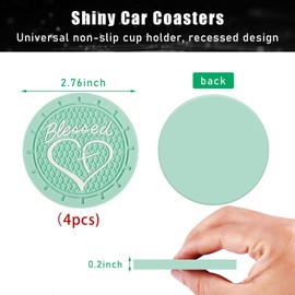 4PCS Car Cup Holder Coaster, Non-Slip PVC Insert Cup Coaster, 2.76 Inch Blessed Cross and Heart Christian Auto Drink Cup Mat, Universal Interior Accessories for Women Girls (Mint Green)