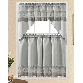 GOHD Daisy Dream. Kitchen Cafe Curtain Set for Small Windows. Satin Fabric with Matching Color Daisy Embroidery and Lace. (Grey, Swag and 36 inches Tiers Set)