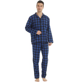 Mens Pyjamas Sets Cotton Checked Drawstring Loungewear Set Button Up Long Sleeve Tops and Pjs Bottoms Sleepwear Suits
