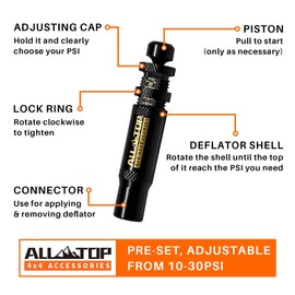 ALL-TOP Adjustable Auto-Stop Tire Deflator Valve Kit (10-30 PSI) 4 PCS Screw-on Tyre Air Down Tool for Offroad 4x4 (with 5 Valve caps)
