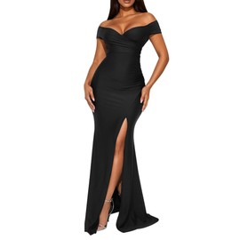 Memoriesea Women's Sexy V Neck Sleeveless Off Shoulder High Split Cocktail Party Maxi Dress Black