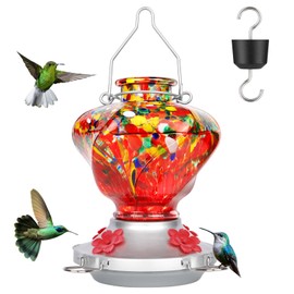 Hummingbird Feeder for Outdoors with Ant Moat, XAROO Hummingbird Feeder, Hand Blown Twisted Glass, 4 Bee Guard Feeding Ports with Perch, Outdoor Garden Décor, 16OZ, Red