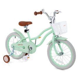 BABY JOY Kids Bike, 16 Inch Boys Girls Bike for 4-7 Years Old w/Training Wheels, Adjustable Seat, Removable Basket, Handbrake and Coaster Brake, Kids Bicycle (Mint Green)