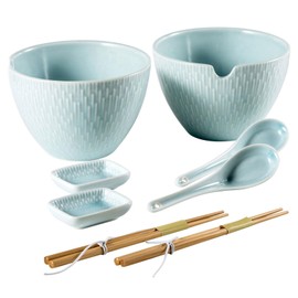 Bonquicken Ramen Bowl Set 28 OZ, Ceramic Noodle Bowl with Chopsticks & Spoons & Dipping Dishes, Japanese Noodle Soup Bowls for Udon, Pasta, Pho, Dishwasher and Microwave Safe, Set of 2, Light Sky Blue
