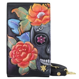 Anuschka Women’s Original Hand-Painted Genuine Leather RFID Blocking Smartphone Crossbody - Tooled Midnight Calavera