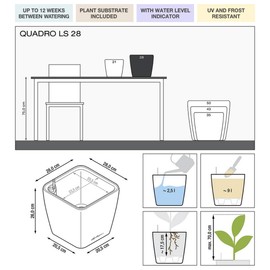 Lechuza Self Watering Plant Pot Quadro LS 28 Garden Flower Indoor and Outdoor Plastic Small Planter with Drainage Hole H26 L28 W28 cm Charcoal Metallic