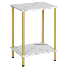HOOBRO End Table, Small Side Table, Nightstand with 2-Layer Storage Shelves, Sofa Table for Small Spaces, Living Room, Bedroom, Stable Frame, Easy Assembly, Gold and Marble DM09BZ01