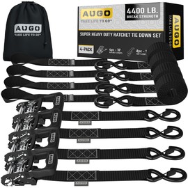 Augo Heavy Duty Ratchet Straps & Soft Loops – Pack of 4 Extra Strong 1.5” by 10’ Ratchet Straps w/S-Hook Safety Latches & 2 Soft Loop Tie Downs – 4400Lb Break Strength for Motorcycles, ATVs, Etc.…