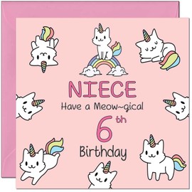 6th Niece Birthday Card - Funny Cat Cute Niece's Birthday Card for 6 Year old Kids six, sixth