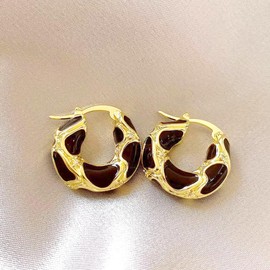 Hoop Earrings for Women Enamel Circle Geometric Earrings Leopard Print U-Shaped Hoop Earrings Vintage Lava Texture Zircon Earrings Jewelry (Gold/Black)