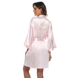 VOGTORY Women's Satin Robes for Bride Bridesmaid with Embroidered Short Kimono Bathrobe Wedding Party Dressing Gown Maid of Honor Pink