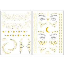 Xinlie 2 Pieces Tattoo Stickers, Metallic Flash Tattoos, Face Tattoos, Face Sticker for Holiday, Ideal Gift, for Girls and Young Women, for Eyes / Face, Party / Festival / Shows, Gold (Pack of 2)