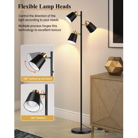 QiMH Tree Floor Lamps for Living Room, 67" Modern Standing Floor Lamp with 3 LED Bulb, Industrial Tall Lamp Reading Lighting for Bedroom Study Office Decor, 3 Rotatable Light Heads, Black Gold