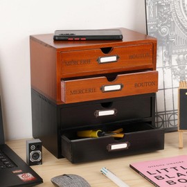 PACKGILO Wooden Storage Box Rustic Desktop Organizer with 2 Drawers Office Desk Accessories Shelf Small Craft Storage Containers Apothecary Cabinet and Chest Jewelry Holder for women(BROWN)