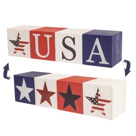 pechpell Wooden Labor Day Table Decorations for Home, 4 Pcs Double Sided Patriotic USA Stars Sign Wood Blocks, Veterans Day Memorial Gifts Red White and Blue America Decor for Shelf Mantel Office Desk